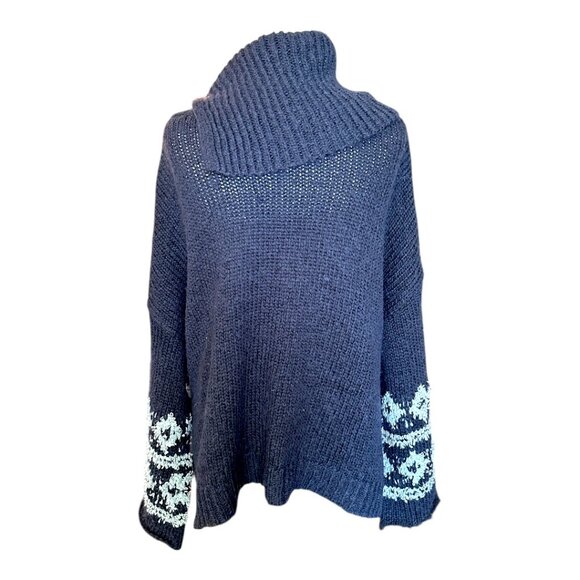 Free People NWOT Revolve Fair Isle Split Neck Wool Blend Sweater Navy/Light Blue - Picture 2 of 5